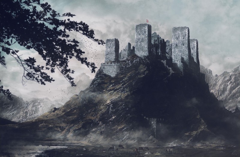 digital art, Viktor Póda, castle, mountains, trees, cow, flag, mist, ruin, leaves