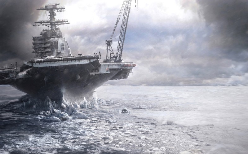 digital art, Viktor Póda, battleships, Arctic, ice, polar bears, cranes (machine), frost, clouds