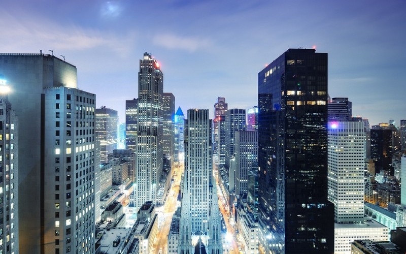 architecture, building, New York City, USA, skyscraper, cityscape, night, lights, street, Manhattan