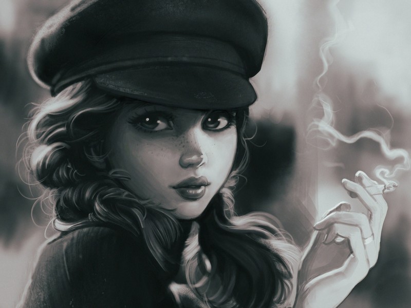 artwork, women, hat, digital art, face, wavy hair, monochrome, smoke, drawing, cigarettes