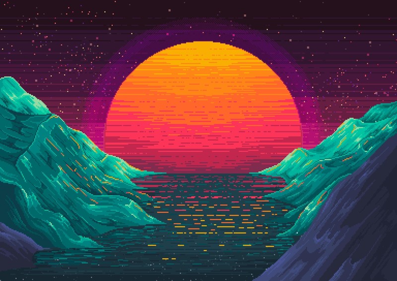 digital art, pixel art, sunset, neon