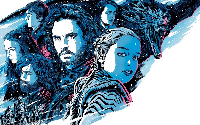 white background, digital art, tv series, Game of Thrones, dragon, fictional characters, face, artwork, TV, Jon Snow, Brandon Stark, Sansa Stark, Arya Stark, Daenerys Targaryen, Tyrion Lannister, blue, cyan