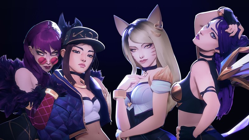 digital art, artwork, women, video games, League of Legends, looking at viewer, K-pop, blonde, brunette, purple hair, Ahri, Evelynn, Akali, K/DA
