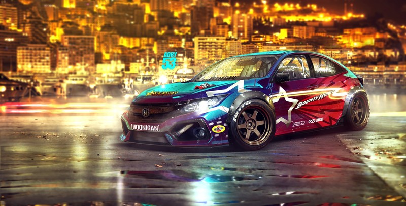 digital art, colorful, car, vehicle, civic, Honda Civic