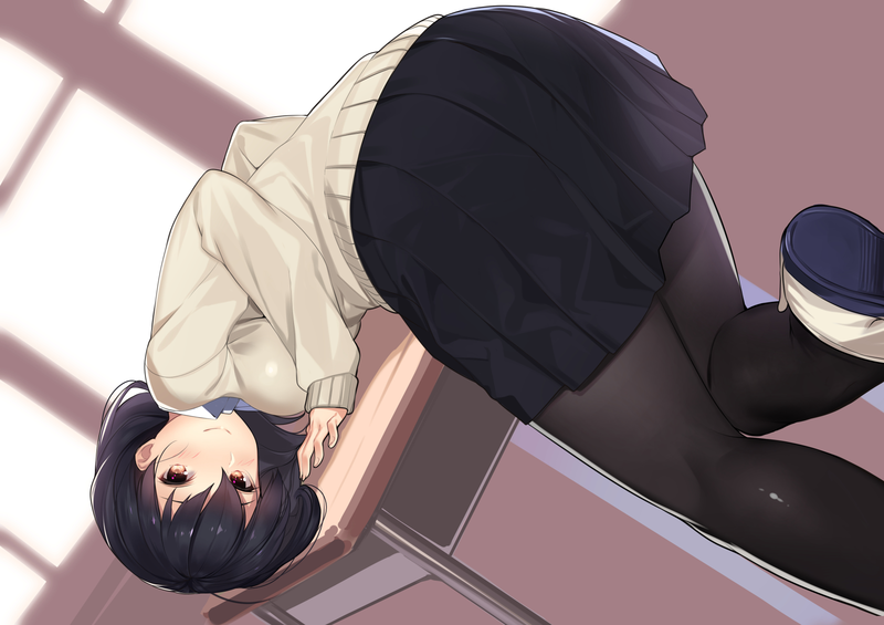 anime, anime girls, bent over, dark hair, miniskirt, school uniform, short hair, black hair, brown eyes, blush, stockings, skirt