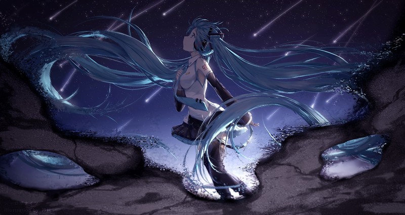 anime, anime girls, long hair, blue hair, sky