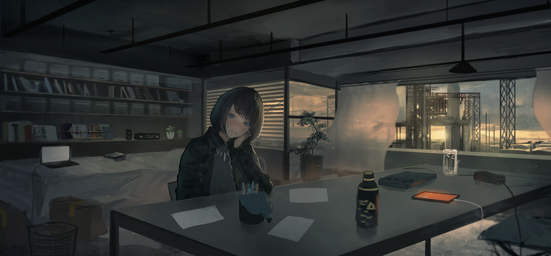 anime, anime girls, dark, room, sitting, interior