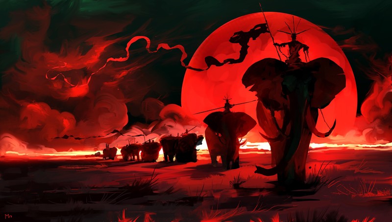 red moon, elephant, Dominik Mayer, painting, digital art, artwork, red