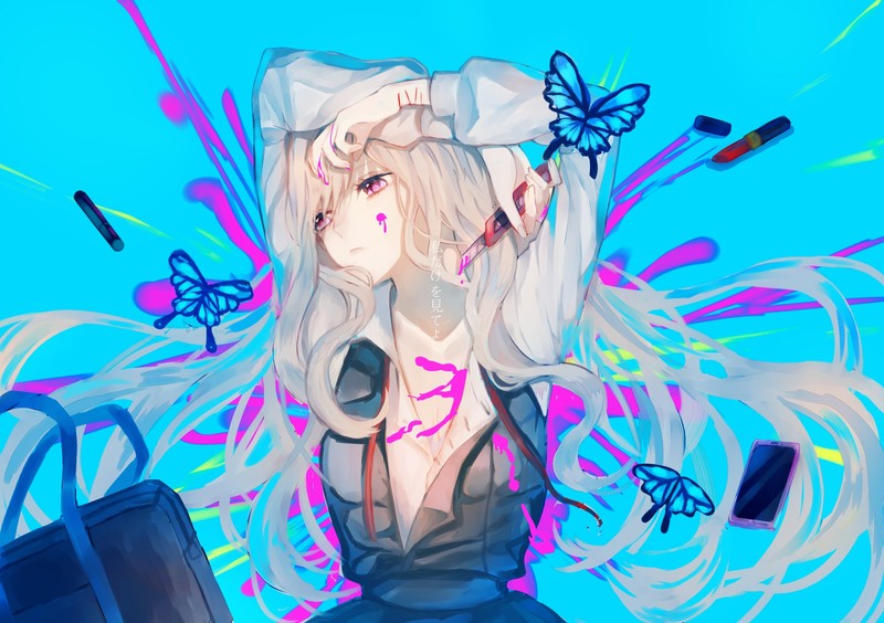 anime, anime girls, arms up, blonde, pink eyes, cyan, white hair
