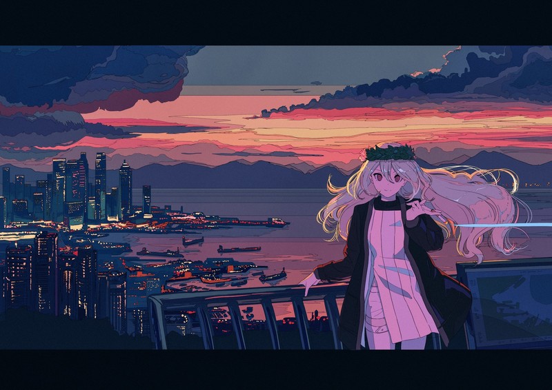 anime, anime girls, sky, clouds, long hair, cityscape, balcony, sunset