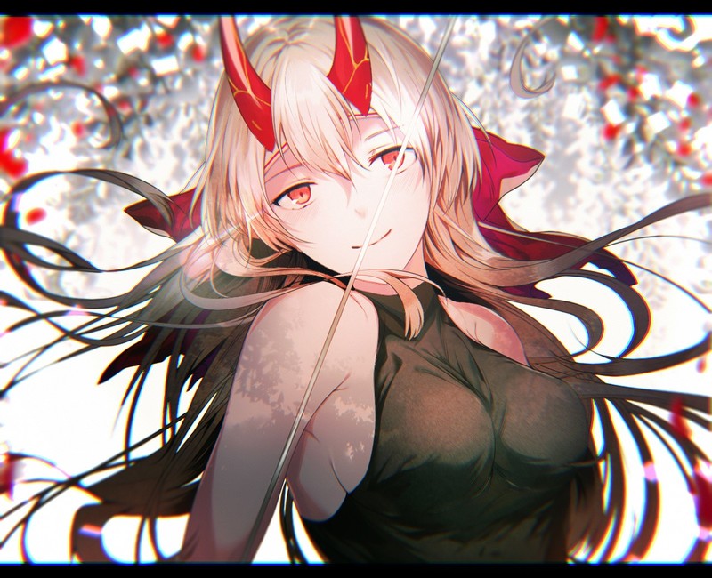 anime, anime girls, boobs, horns, red eyes