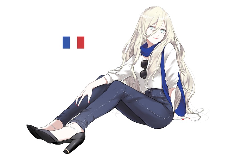 anime, anime girls, legs, blonde, long hair, simple background, France