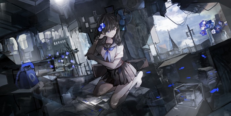 anime, anime girls, dark hair, miniskirt, barefoot