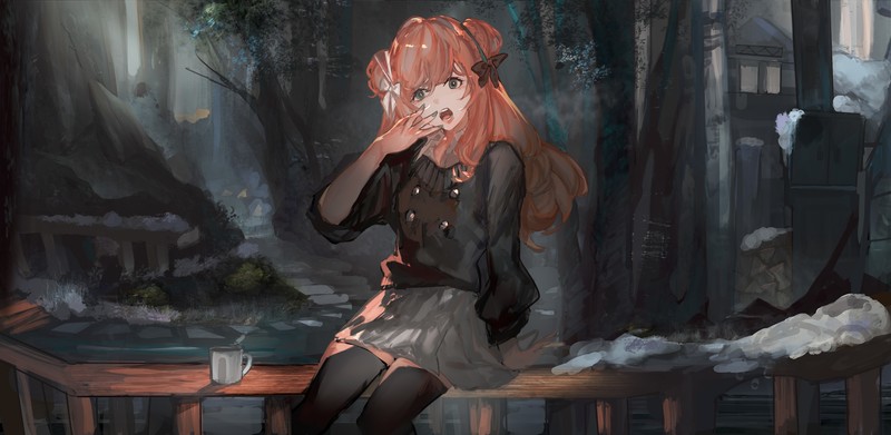 anime, anime girls, sitting, redhead, cup, long hair, open mouth, green eyes, painted nails
