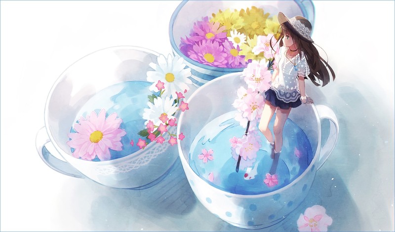 anime, anime girls, flowers, cup, brunette, miniskirt