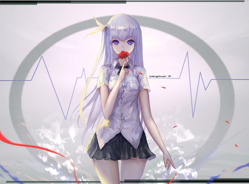 anime, anime girls, flowers, purple eyes, miniskirt
