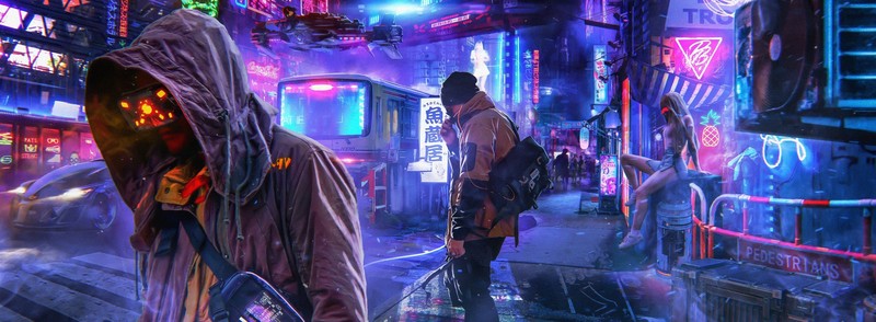 digital art, Photoshop, concept art, futuristic, futuristic city, cyberpunk, neon, neon lights, people, Pavel Bondarenko, science fiction, environment, street, ultra-wide