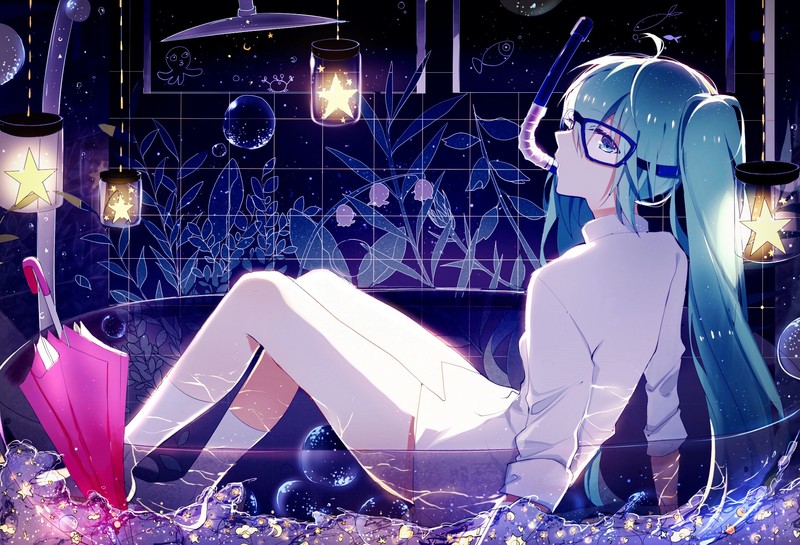 anime, anime girls, glasses, legs, long hair, stars, socks, umbrella, Hatsune Miku