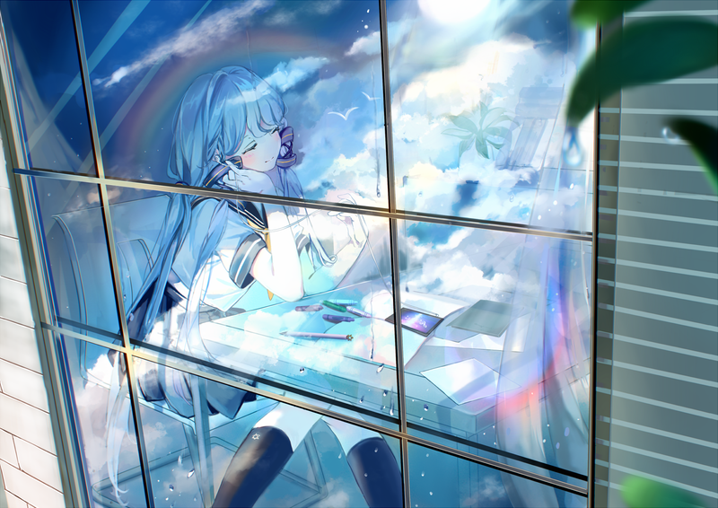 anime, anime girls, blue hair, window, sitting