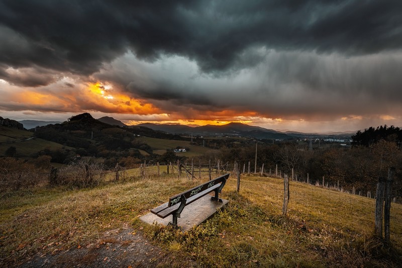 bench, sky, landscape, dark