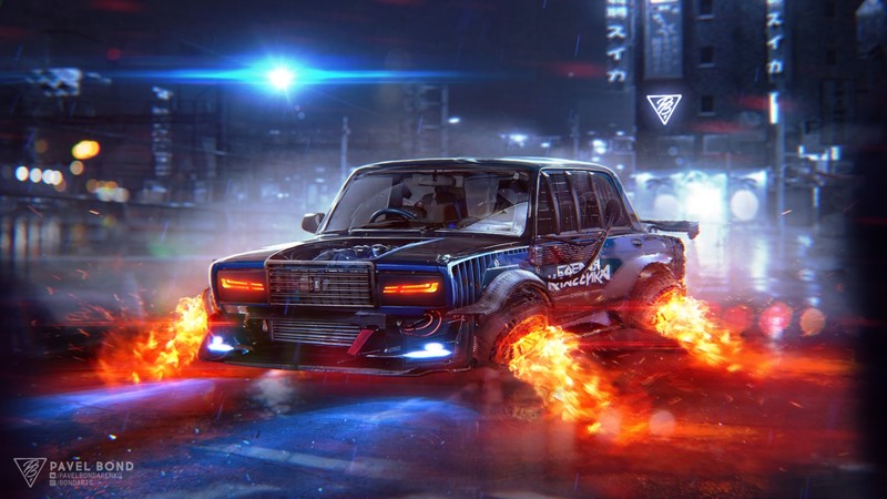 digital art, Photoshop, artwork, car, futuristic, cyberpunk, fire, depth of field, city, lights, Pavel Bondarenko, vehicle, LADA, science fiction, ultra-wide