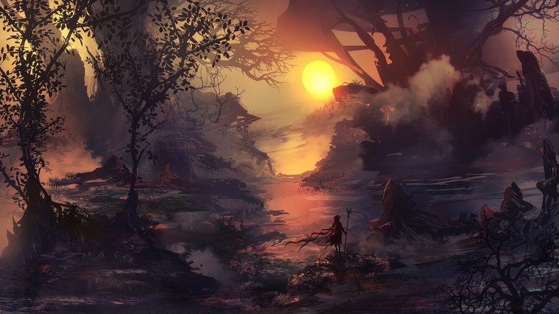 artwork, science fiction, digital art, concept art, fantasy art, fan art, dark fantasy, nature, trees, mist, warrior, Sun, wind, swamp, loneliness, hero