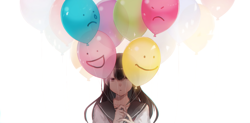 anime, anime girls, balloon, simple background, dark hair