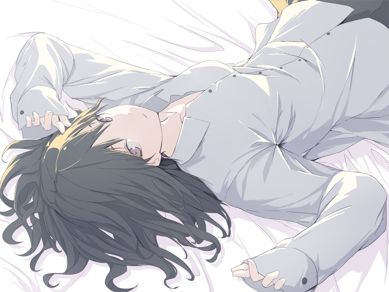 anime, anime girls, purple eyes, in bed, dark hair