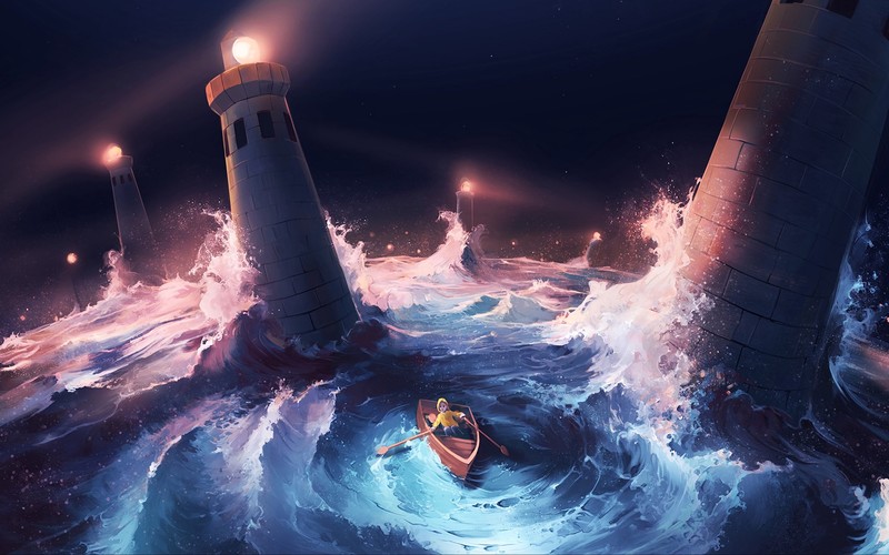 illustration, sea, children, lighthouse, fantasy art, waves, digital art, boat, storm