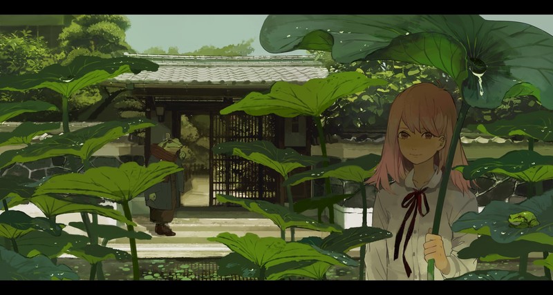 anime, anime girls, plants, leaves