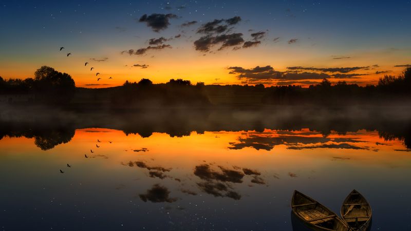 boats, sunset, lake, horizon, clouds, 4k