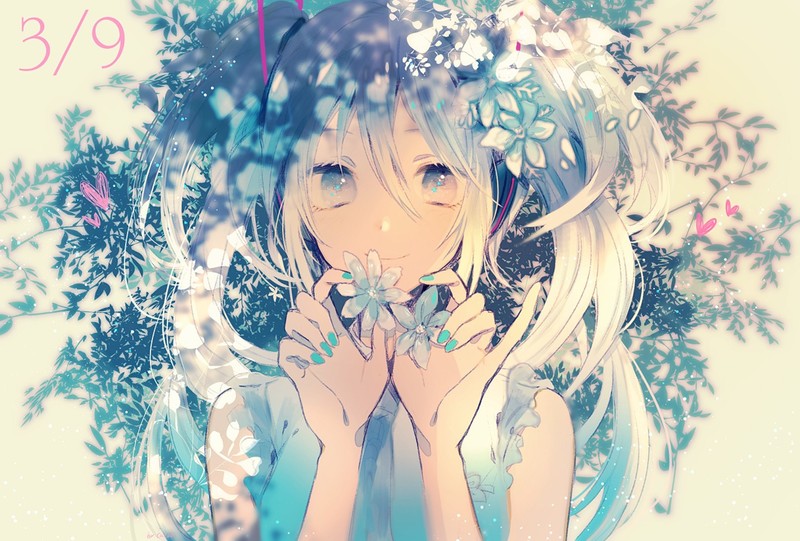 anime, anime girls, numbers, face, flowers, flower in hair, painted nails