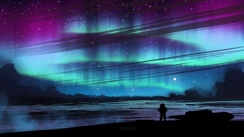 artwork, astronaut, landscape, aurorae, night, space, digital art, Kvacm, cyan, blue, turquoise, stars, silhouette