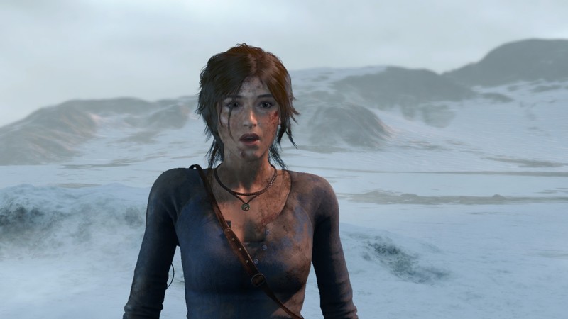 Rise of the Tomb Raider, Lara Croft, scars, pink lipstick, brunette, brown eyes, winter, necklace, looking into the distance, blood, surprised, hills, snow