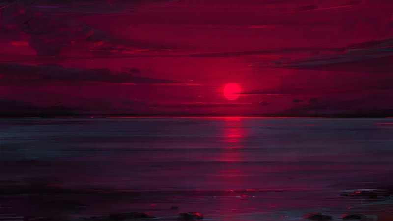 artwork, landscape, sunset, Sun, sea, painting