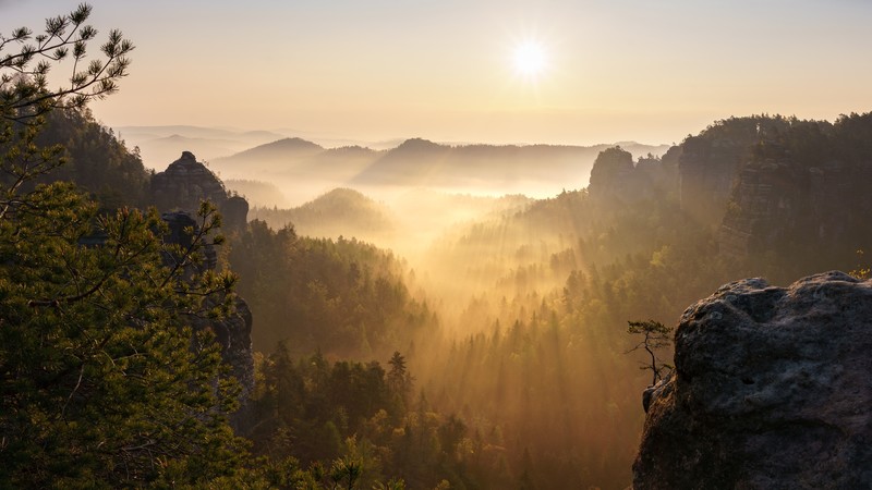 landscape, nature, sky, mountains, sunlight, trees