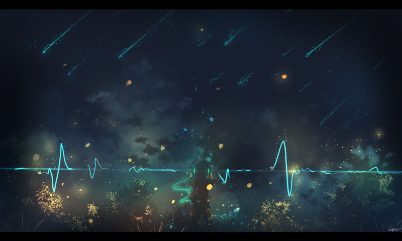 anime, dark, sky, stars, loneliness, ekg, cyan, artwork