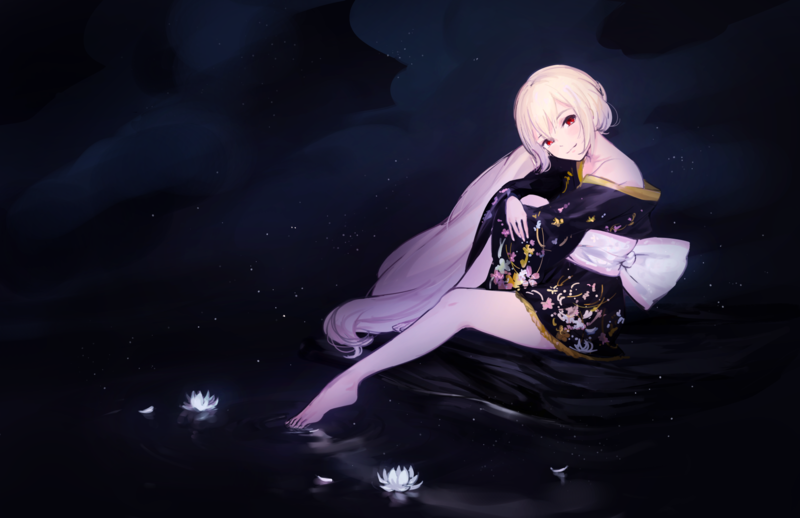 anime, anime girls, blonde, red eyes, legs, long hair, barefoot