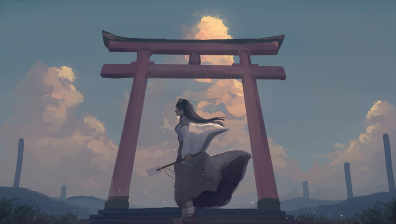 anime, anime girls, fantasy girl, sky, clouds, dark hair, long hair