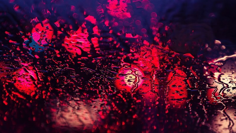 water on glass, water drops, lights, bokeh, depth of field, red, purple, street light, traffic lights, water, rain