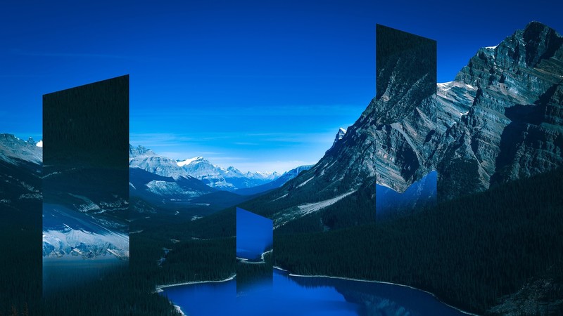 glitch art, sky, lake, forest, mountains, artwork, clouds