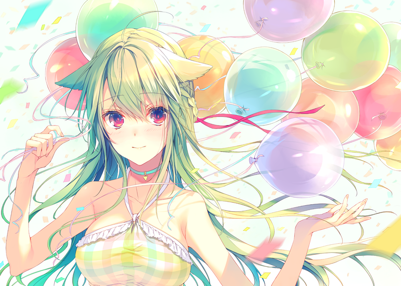 anime, anime girls, colorful, red eyes, bare shoulders, big boobs, balloon, green hair