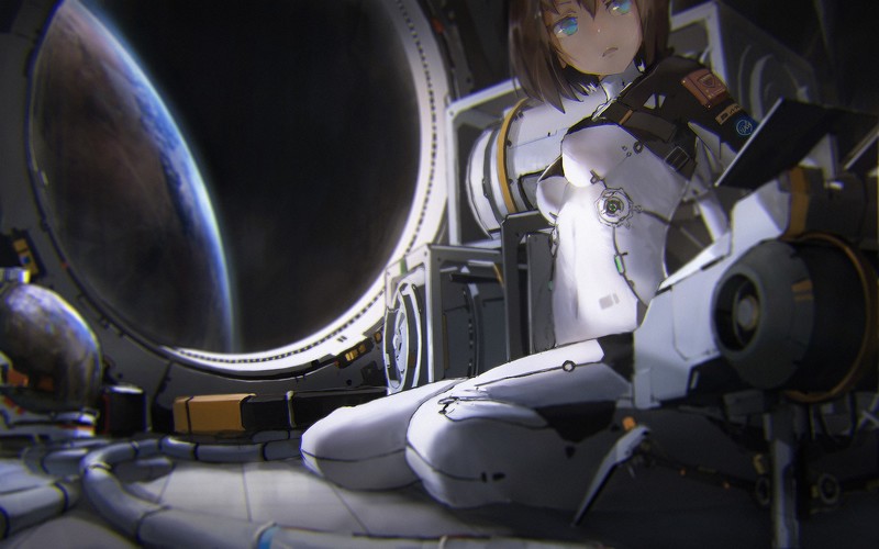 anime, anime girls, futuristic, blue eyes, kneeling, novelance