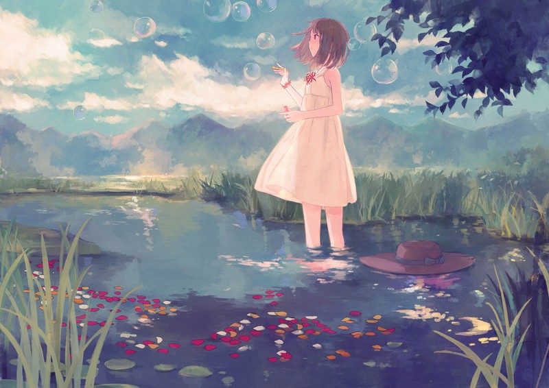 anime, anime girls, bubbles, nature, dress, water, hat