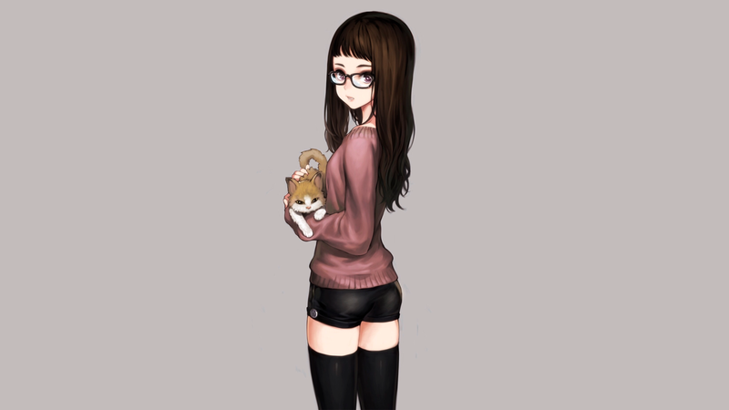 anime, manga, anime girls, minimalism, stockings, shorts, cats, meganekko, long hair, zettai ryouiki, schoolgirl, brunette