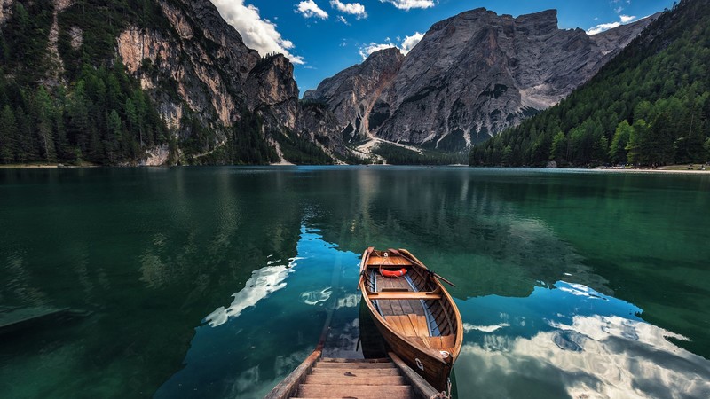 landscape, mountains, lagoon, boat, plants, reflection