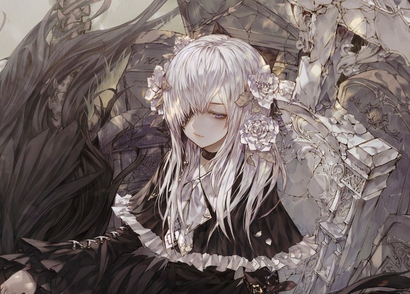 anime, anime girls, white hair, long hair, flower in hair, fantasy girl
