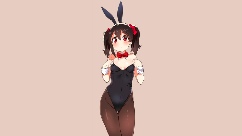anime, manga, anime girls, simple background, minimalism, Yazawa Nico, bunny suit, bunny ears, short hair, schoolgirl, Love Live!, tights, twintails, stockings, looking at viewer