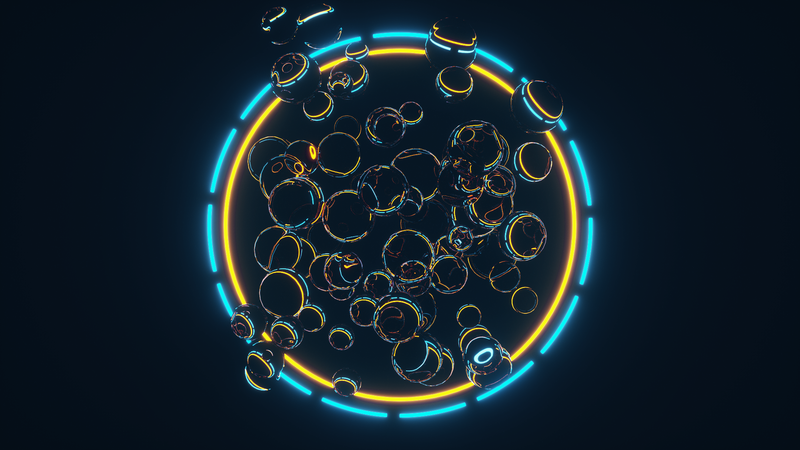 Cinema 4D, abstract, render, 3d design, OctaneRender by OTOY, cyan, yellow, circle, bubbles