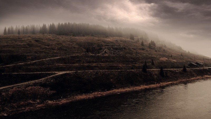 hill, nature, sky, clouds, fall, dark, river, lake, water, trees, forest, landscape